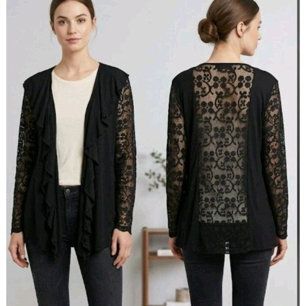 RXB Open Cardigan Size L Black Crochet Sleeves/Back 100% Rayon
